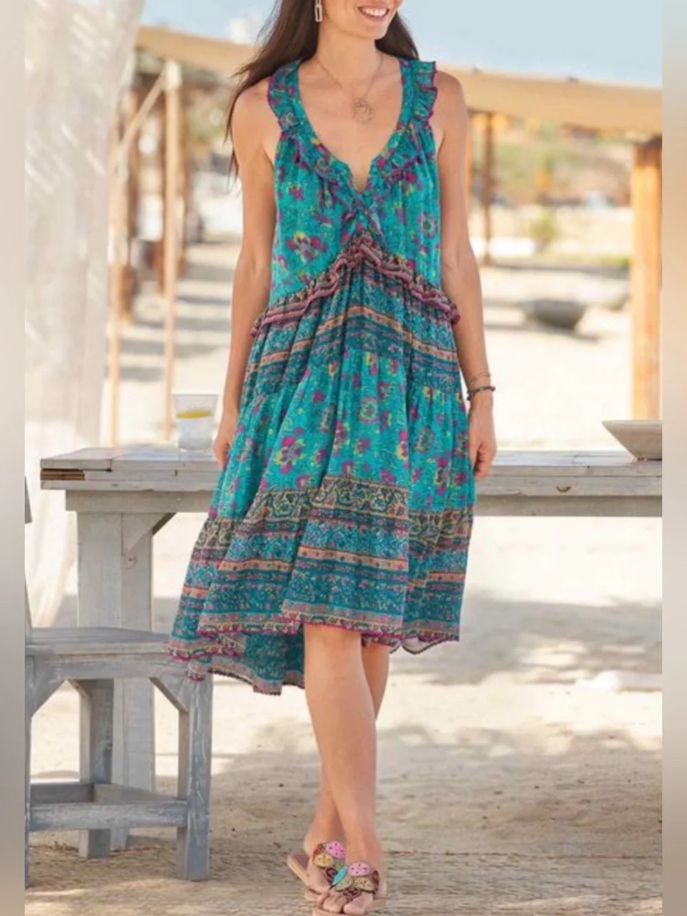 Sundance Dalis Ruffles Sleeveless Midi Dress Teal Turquoise Floral V Neck Size M